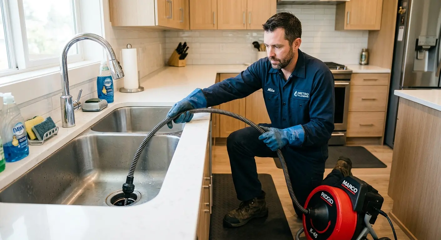 Drain cleaning technician using a motorized snake on a kitchen sink in San Luis Obispo