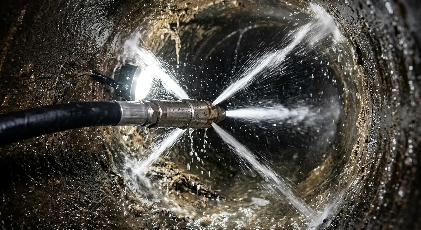 High-pressure hydro jetting nozzle cleaning sewer pipe for Storm Drain Cleaning in San Luis Obispo