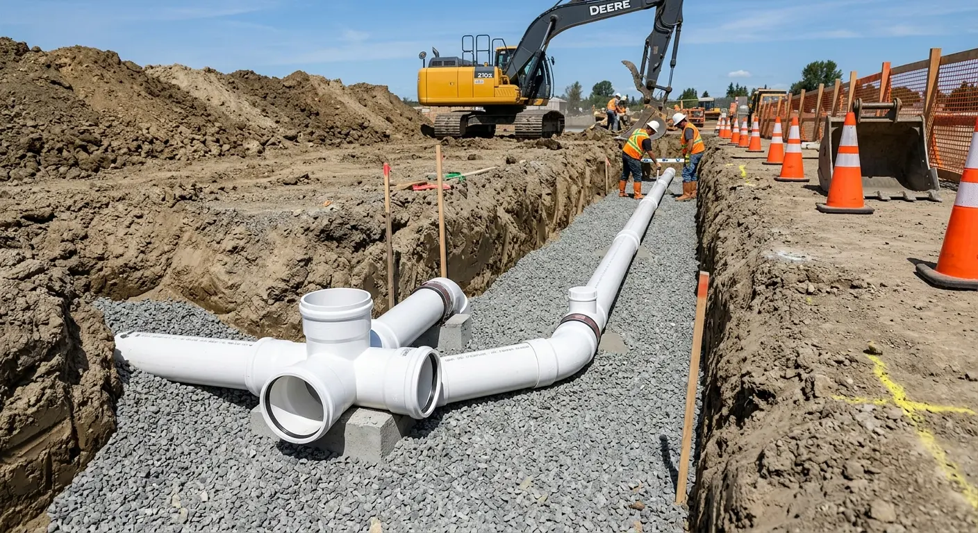 New PVC sewer pipe installation in open trench for Sewer Backup in San Luis Obispo