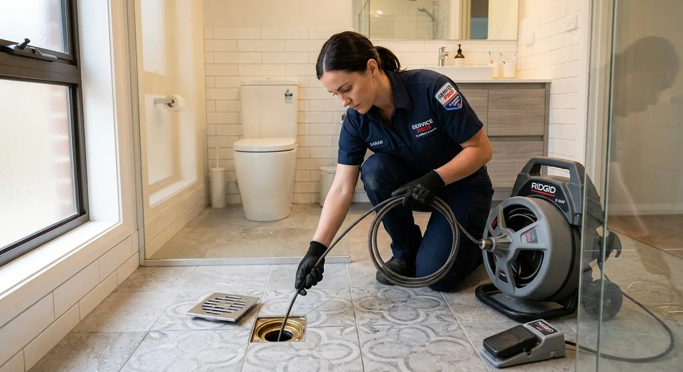 Technician clearing a bathroom floor drain for Sewer Line Installation in San Luis Obispo